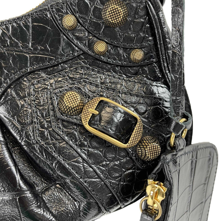 Top Quality Balenciaga - XS Shoulder Bag Crocodile Embossed Black Studded Shoulder Bag NEW