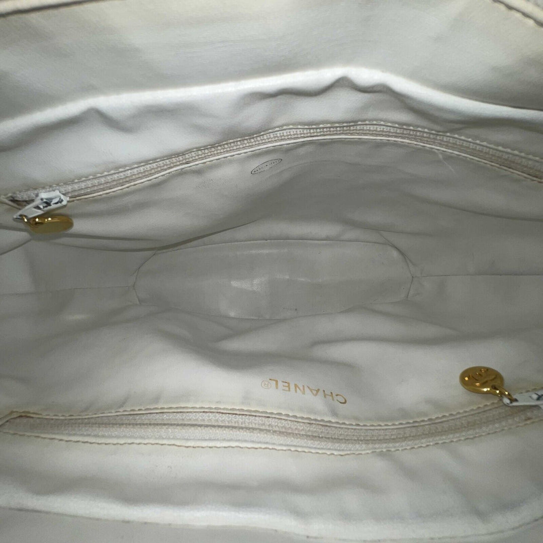 Chanel - Vintage 1994 White Leather Small Chevron Tote / Shoulder Bag