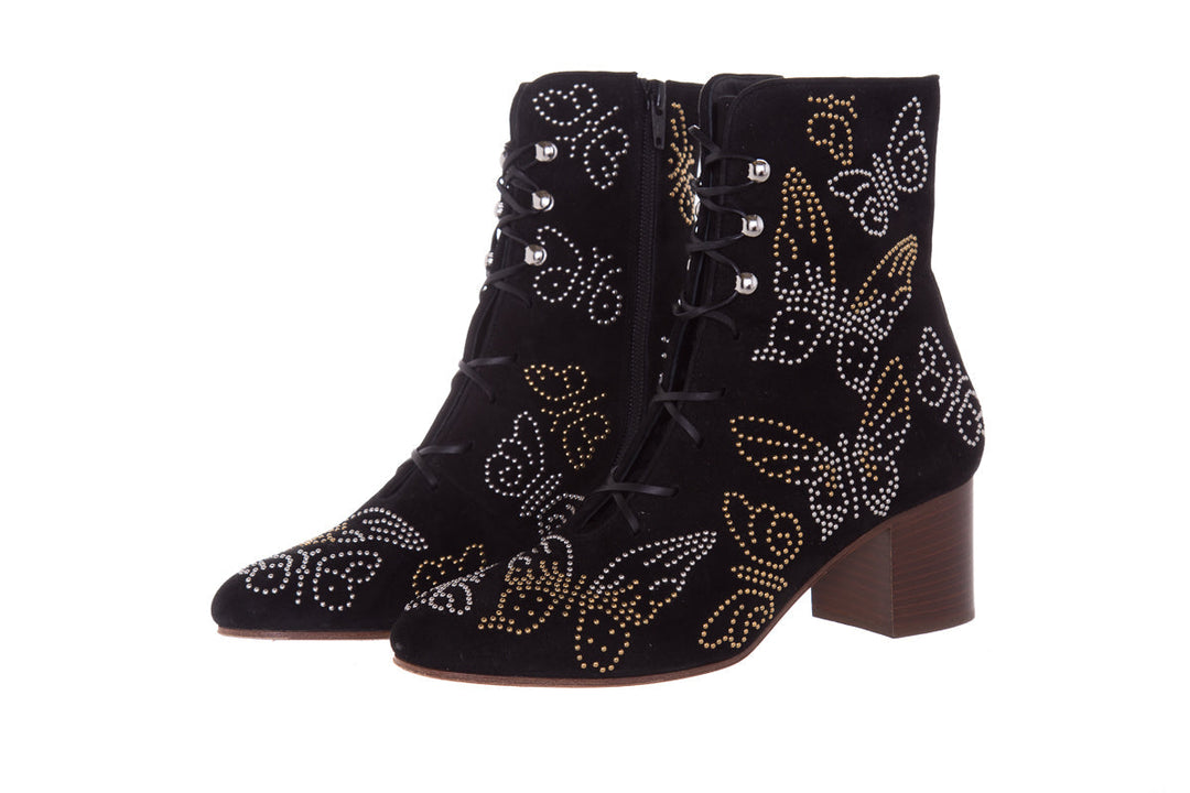 Valentino Black Butterfly Studded Suede Booties SZ 38