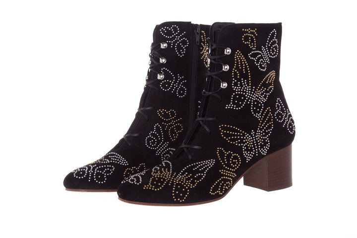 Valentino Black Butterfly Studded Suede Booties SZ 38