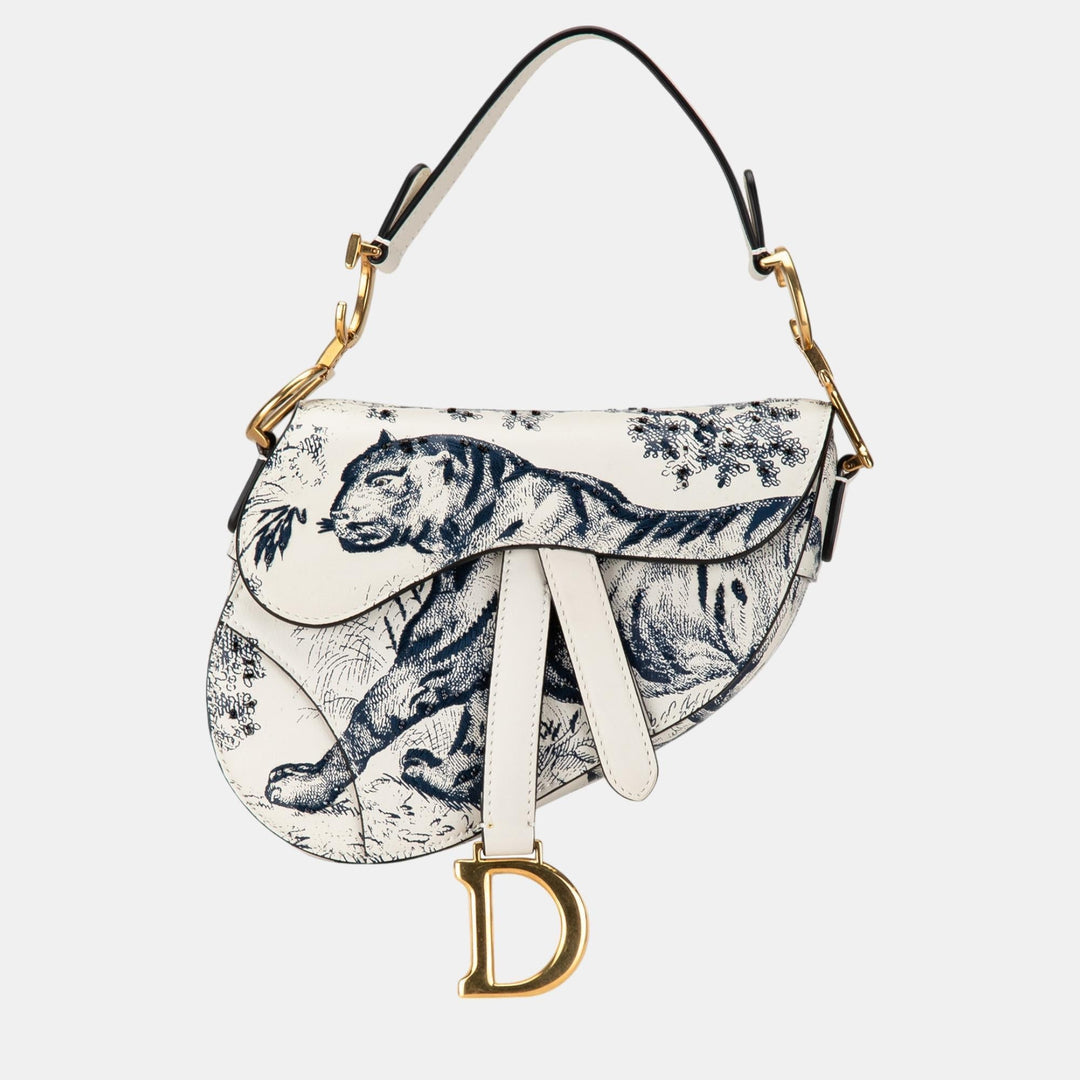 Top quality Dior White Calfskin Leather Mini Toile de Jouy Saddle Bag