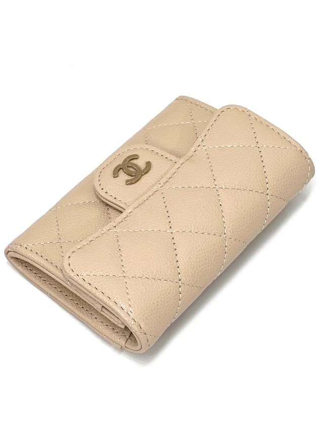 Classic Gold Logo Grained Shiny Calfskin Card Wallet Light Beige Chanel
