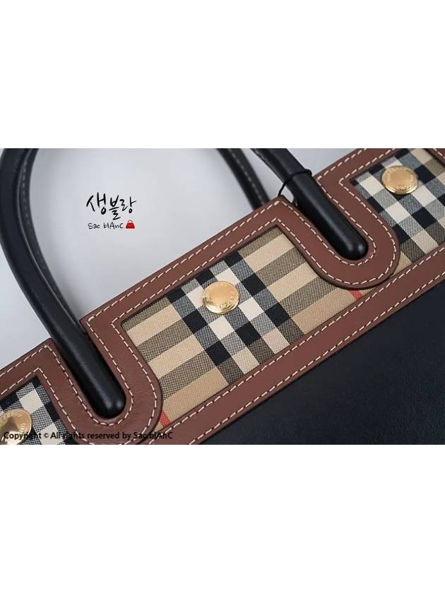 Burberry Medium Leather Vintage Check Title Tote Bag Black