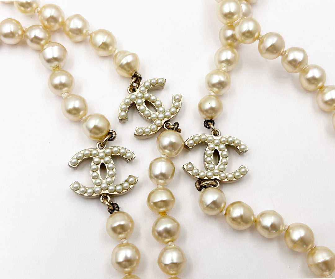 Chanel 3 Gold CC Pearl Faux Fresh Water Pearl Long Necklace