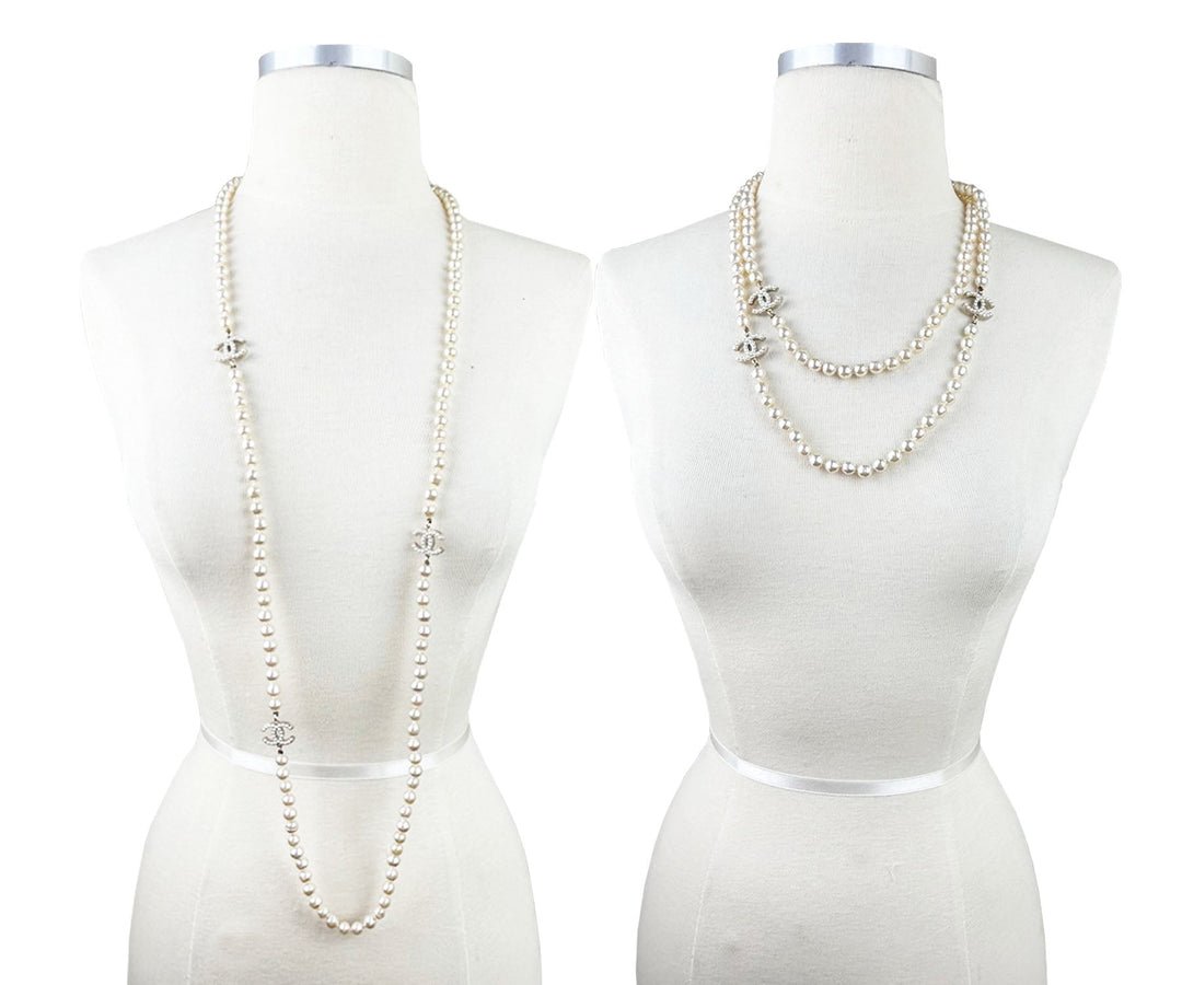 Chanel 3 Gold CC Pearl Faux Fresh Water Pearl Long Necklace