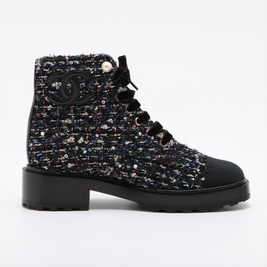 Top Quality Chanel COCOMARK TWIDE SHORT BOOTS 37.5 LADY BLACK X NAIBI G35154 PERLE  LOVE MARKET SHOP