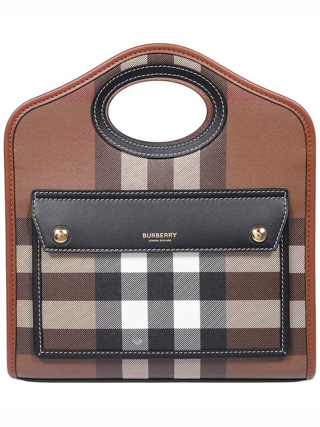 Burberry Mini Pocket Checked Leather Tote Bag Dark Burch Brown