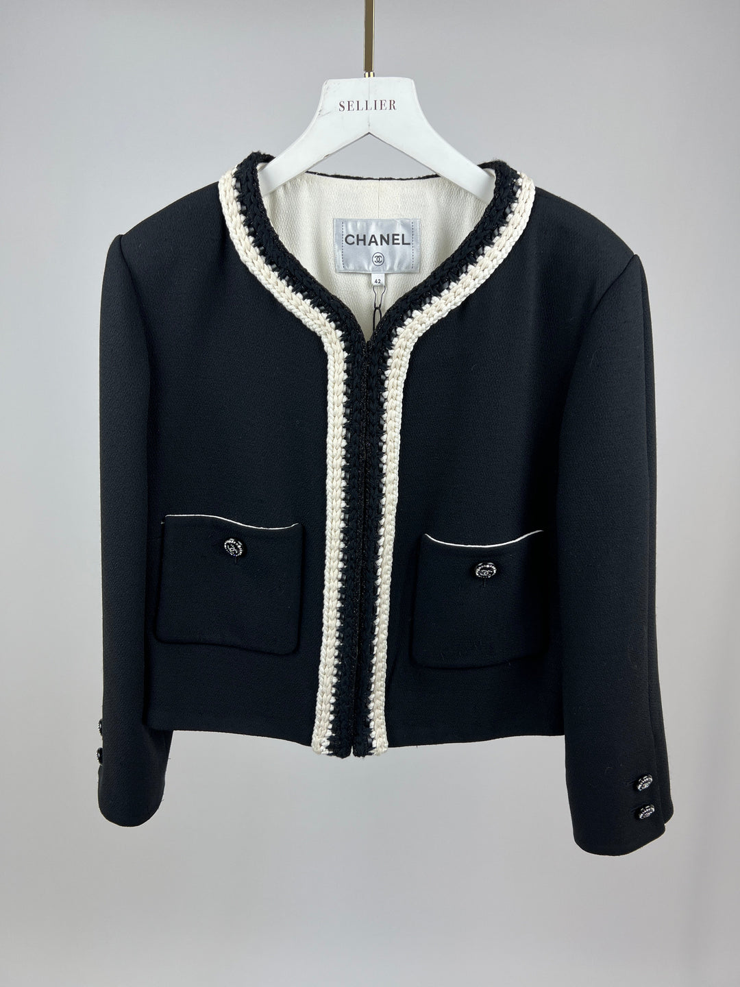 *SUPER HOT* Top Quality Chanel 22C Black, White Metallic Tweed Trim Silk Jacket and Wide-Leg Trouser Set with Crystal CC Logo Detail Size FR 42-44 (UK 14-16) Jacket RRP ¬£5,420