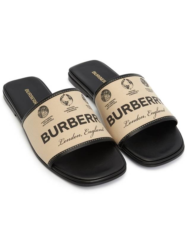 Burberry Label Print Gabardine Leather Slippers Beige