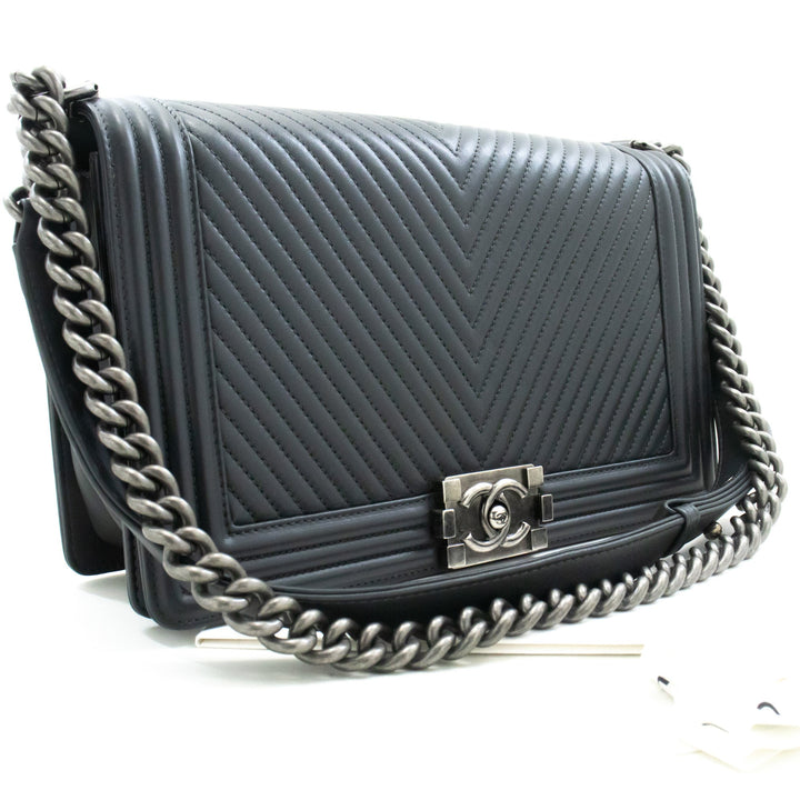 Chanel Boy Dark Gray V-Stitch Chain Shoulder Bag Quilted New