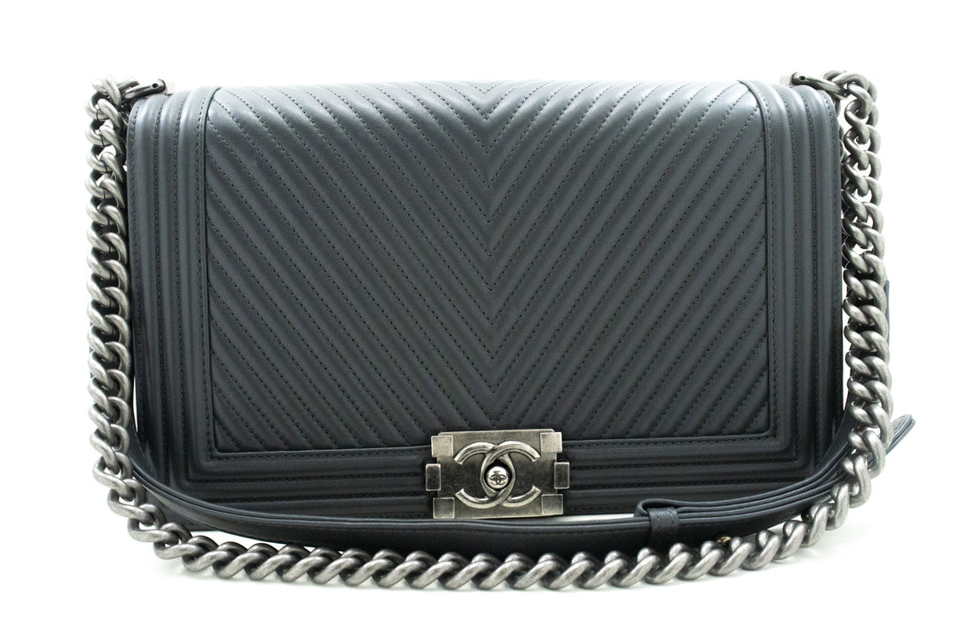 Chanel Boy Dark Gray V-Stitch Chain Shoulder Bag Quilted New