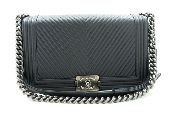 Chanel Boy Dark Gray V-Stitch Chain Shoulder Bag Quilted New