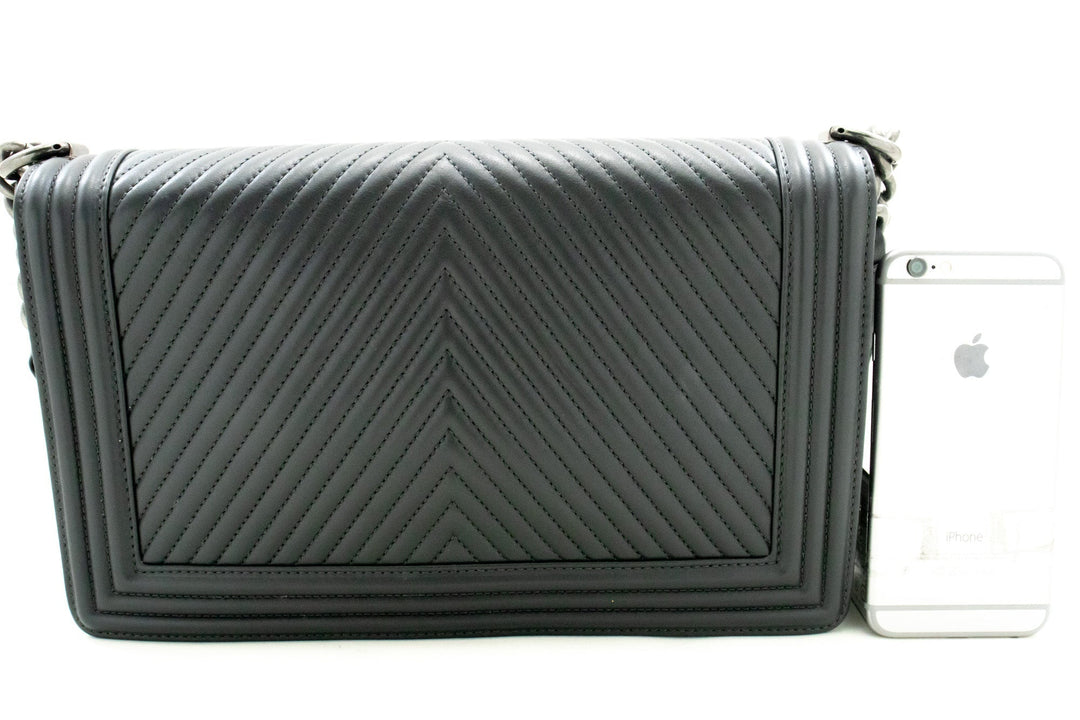Chanel Boy Dark Gray V-Stitch Chain Shoulder Bag Quilted New