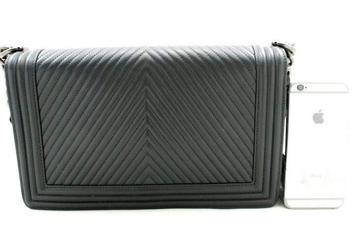 Chanel Boy Dark Gray V-Stitch Chain Shoulder Bag Quilted New