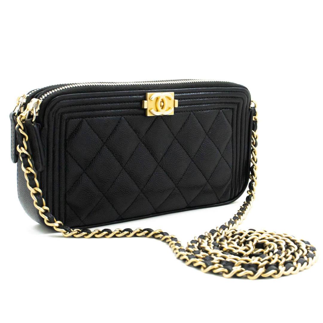 Chanel Boy Black Caviar Wallet On Chain WOC Double Zip Shoulder