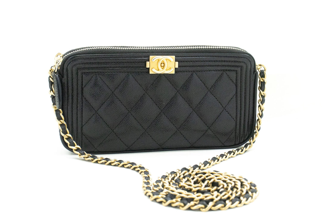 Chanel Boy Black Caviar Wallet On Chain WOC Double Zip Shoulder
