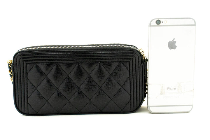 Chanel Boy Black Caviar Wallet On Chain WOC Double Zip Shoulder