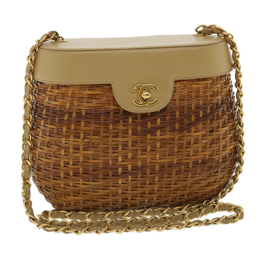 Top Quality Chanel Basket Chain Shoulder Bag Leather rattan Brown CC Auth 31896A
