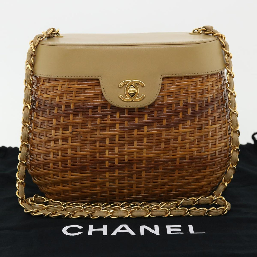 Top Quality Chanel Basket Chain Shoulder Bag Leather rattan Brown CC Auth 31896A