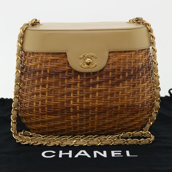 Top Quality Chanel Basket Chain Shoulder Bag Leather rattan Brown CC Auth 31896A