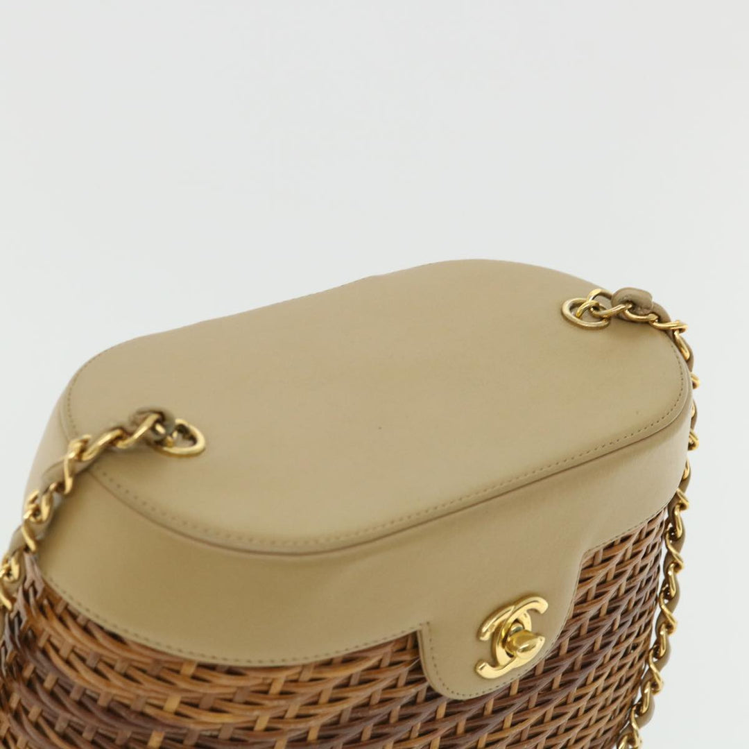 Top Quality Chanel Basket Chain Shoulder Bag Leather rattan Brown CC Auth 31896A