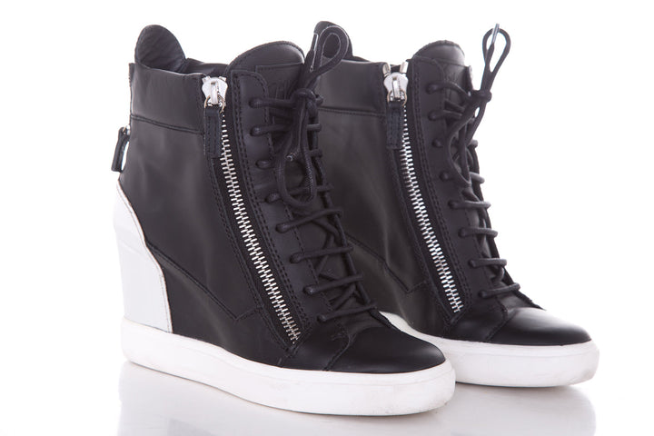 Guiseppe Zanotti Black & Silver Leather Sneaker Wedge SZ 38.5