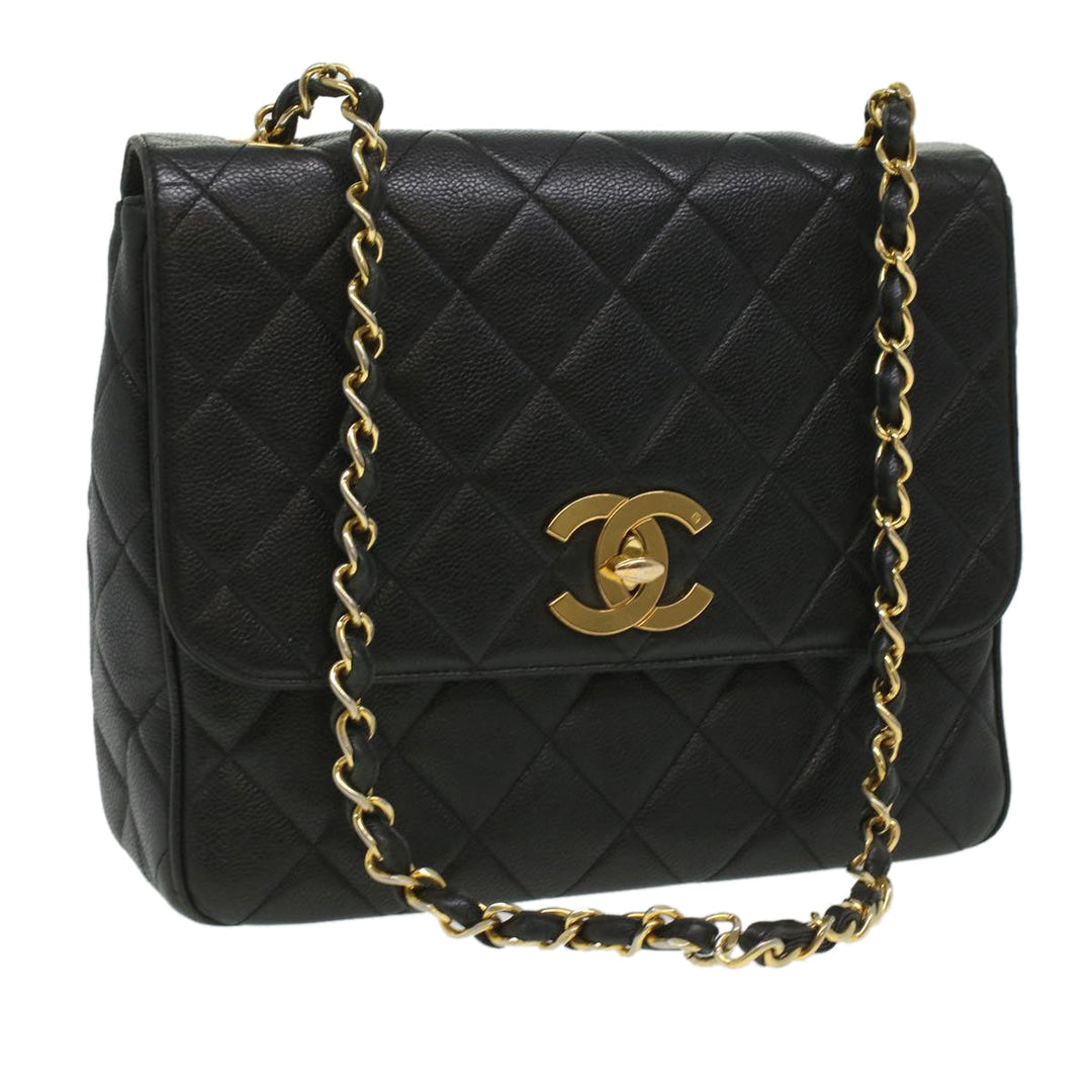 Chanel Big Matelasse Turn Lock Shoulder Bag Caviar Skin Black CC Auth 32155A