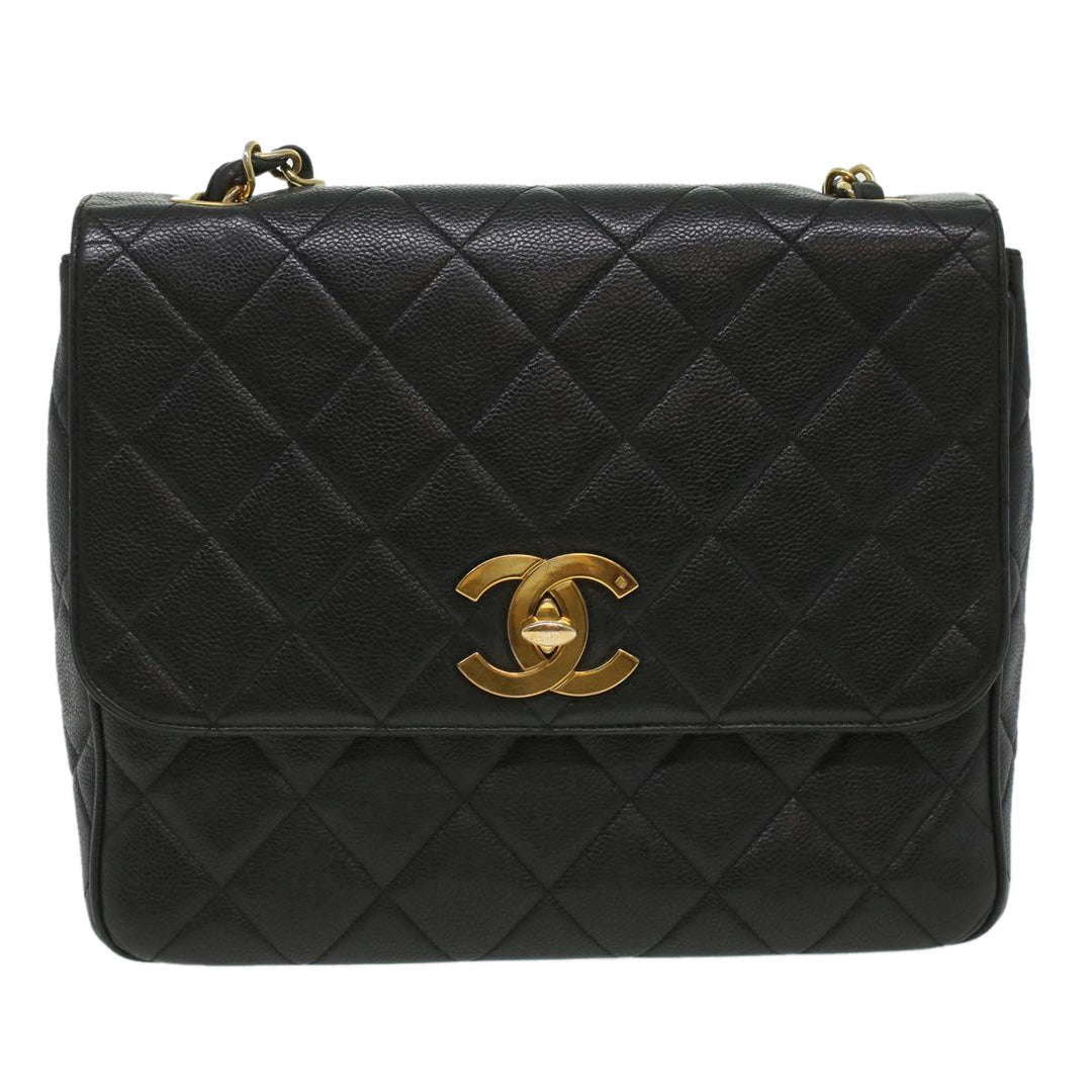 Chanel Big Matelasse Turn Lock Shoulder Bag Caviar Skin Black CC Auth 32155A