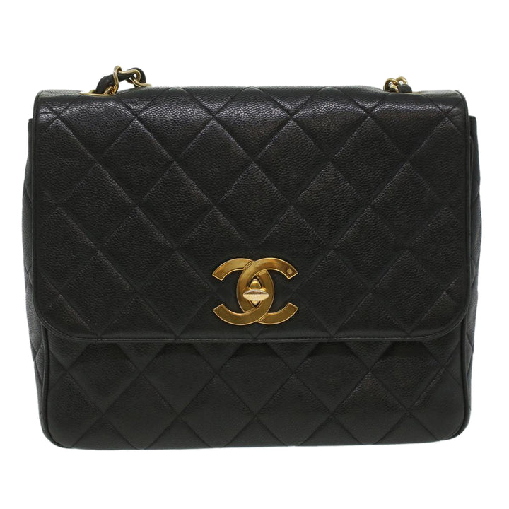Chanel Big Matelasse Turn Lock Shoulder Bag Caviar Skin Black CC Auth 32155A