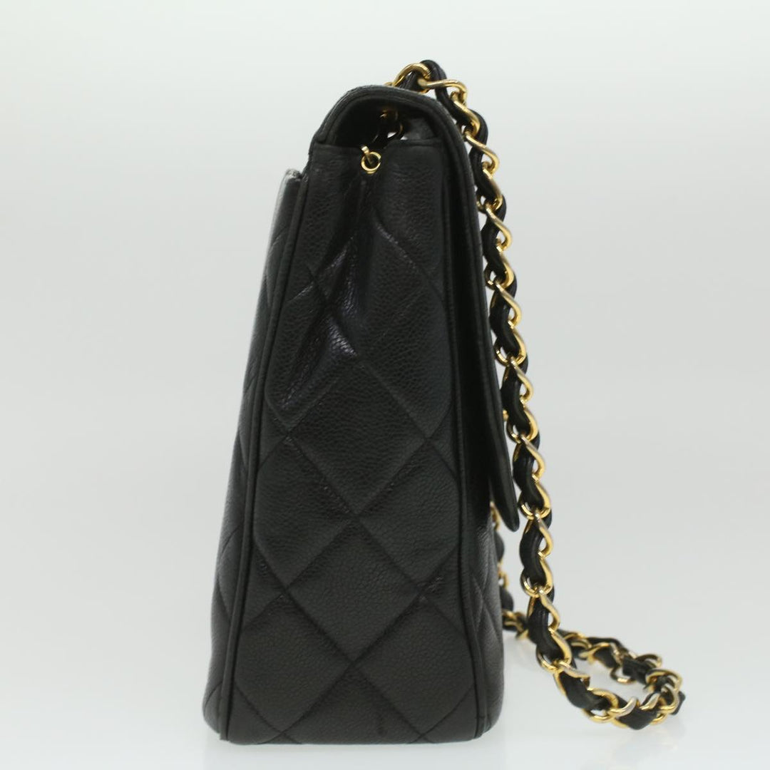 Chanel Big Matelasse Turn Lock Shoulder Bag Caviar Skin Black CC Auth 32155A
