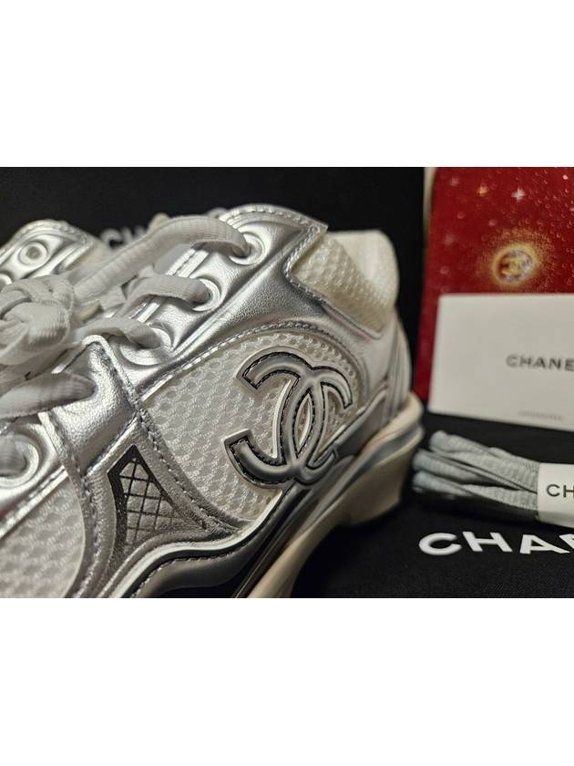Fabric Laminated Low Top Sneakers Silver Chanel
