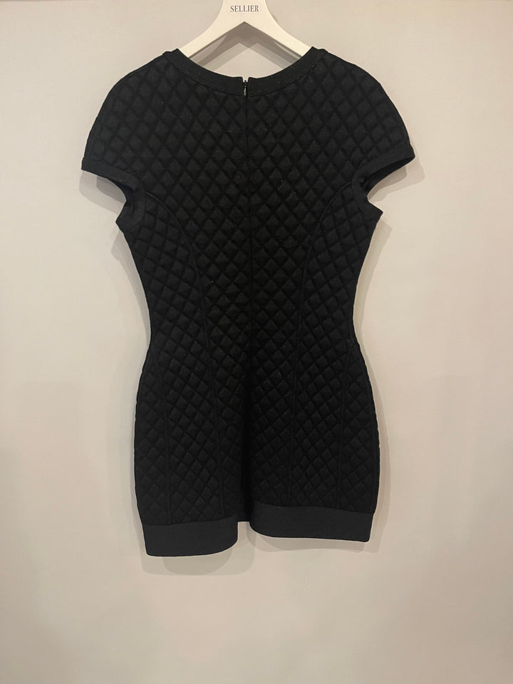 Top Quality Chanel Black Padded Shimmery Short Sleeve Bodycon Mini Dress with CC Logo Detail Size FR 40 (UK 12)