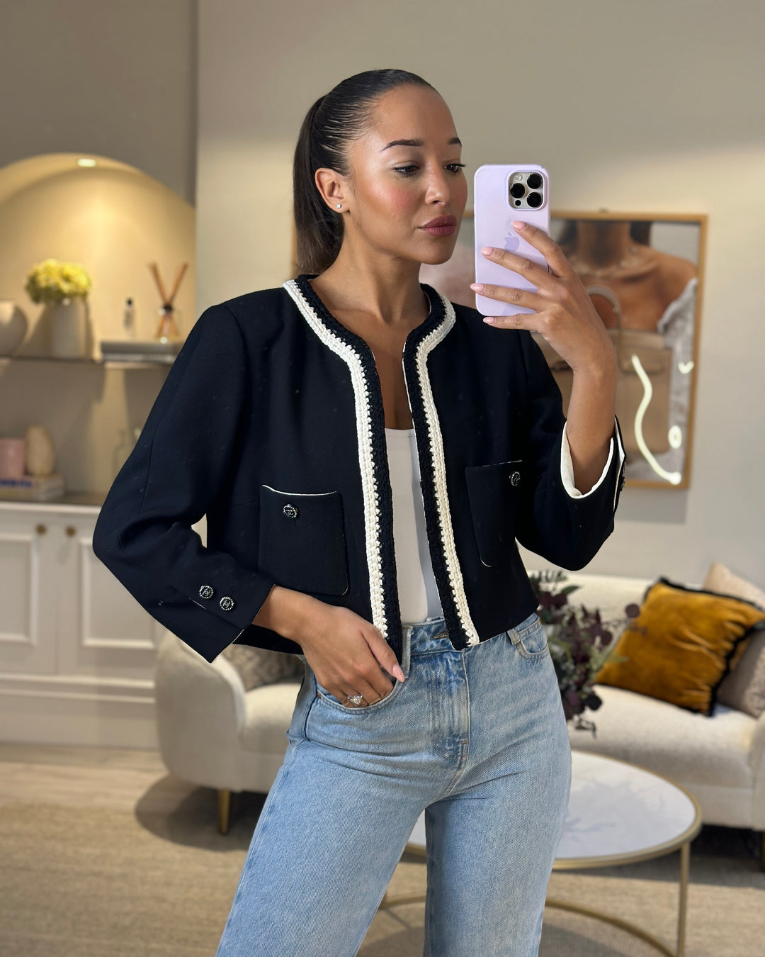 *SUPER HOT* Top Quality Chanel 22C Black, White Metallic Tweed Trim Silk Jacket and Wide-Leg Trouser Set with Crystal CC Logo Detail Size FR 42-44 (UK 14-16) Jacket RRP ¬£5,420