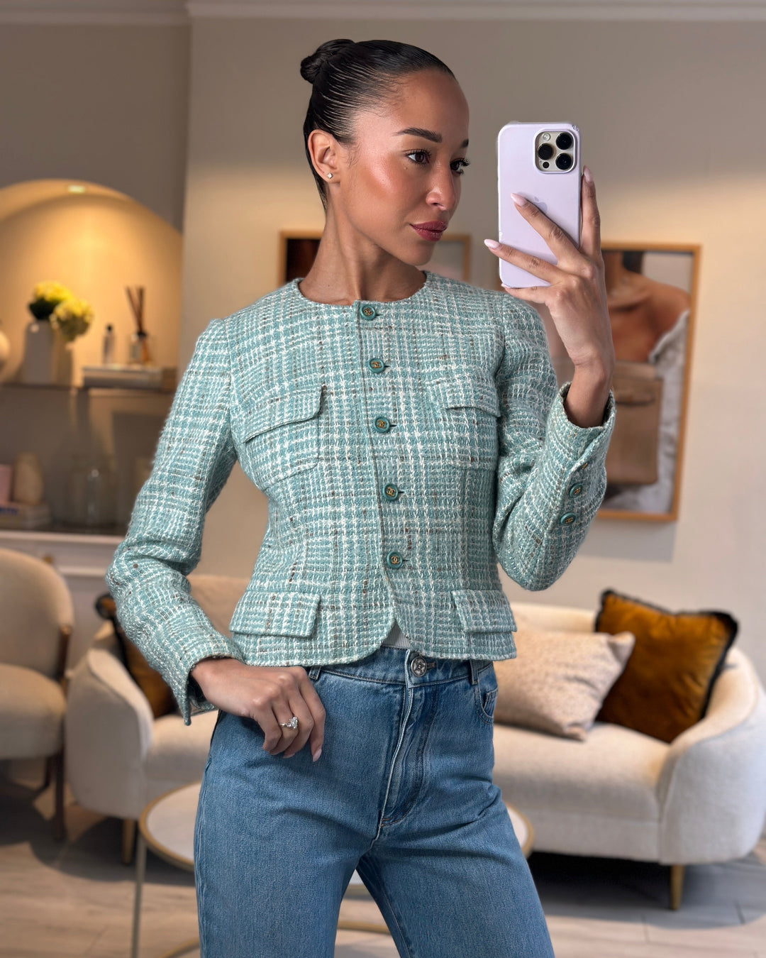 Top Quality Chanel 1997 Vintage Baby Blue, Brown and White Tweed Jacket with CC Button Details Size FR 34 (UK 6)