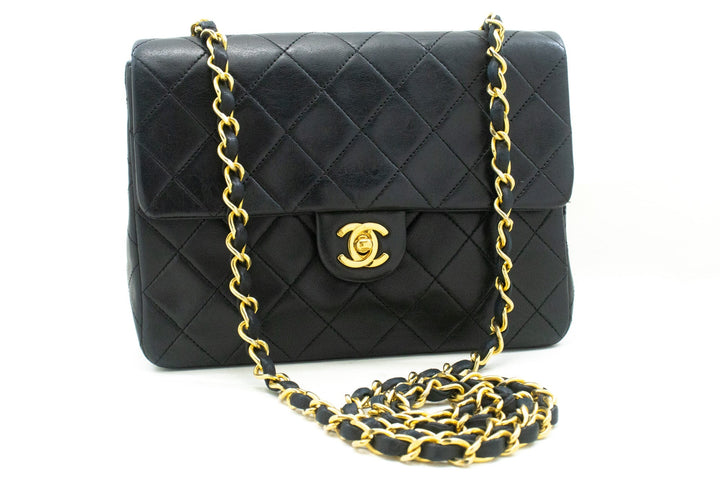 Chanel Mini Square Small Chain Shoulder Bag Crossbody Black Lamb