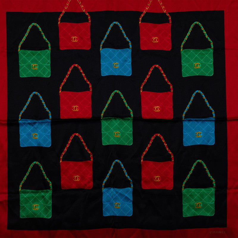 Top Quality Chanel Vintage Silk Scarf Red Flap Bag Motifs