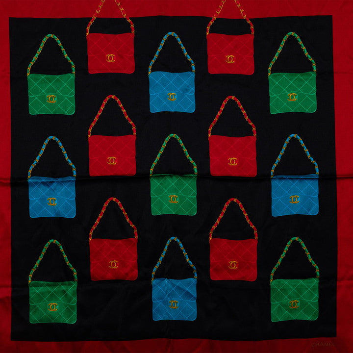 Top Quality Chanel Vintage Silk Scarf Red Flap Bag Motifs