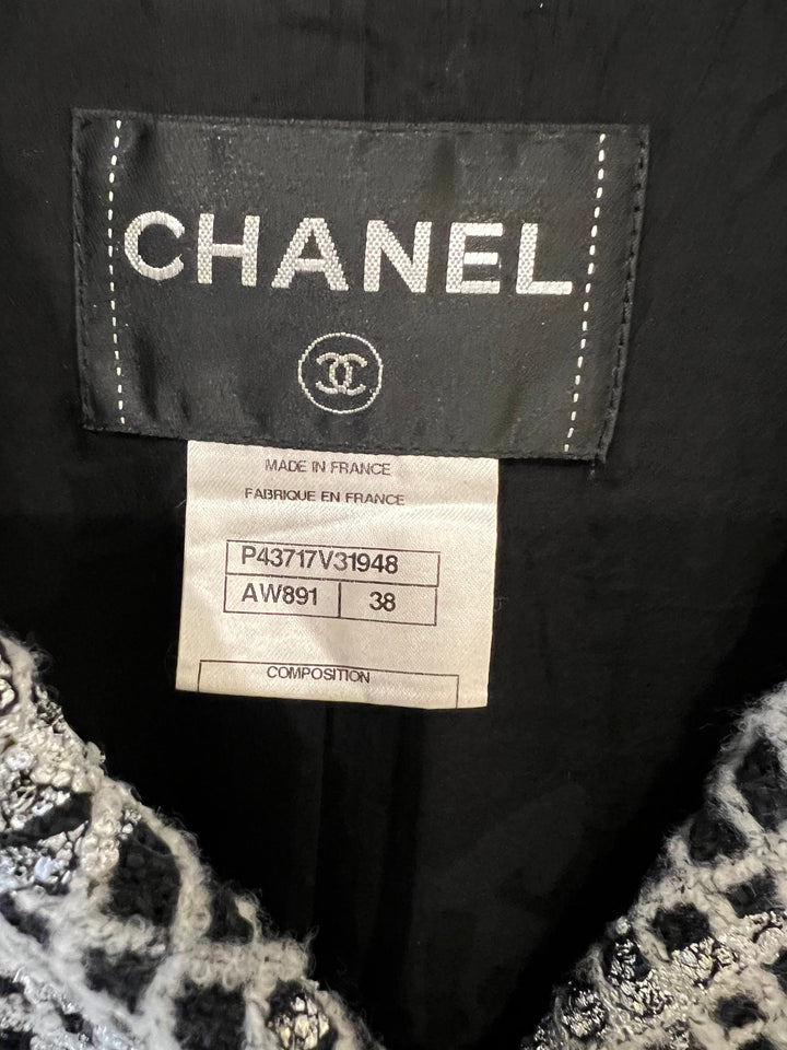 Top Quality Chanel Black and Silver Metallic Tweed Jacket with CC Buttons and Removable Pearl Detail Size FR 38 (UK 10)
