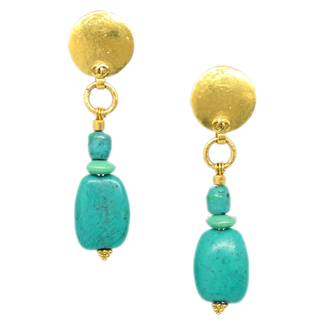 Top Quality Chanel Gold Blue Dangle Stone Earrings Clip-On 98P