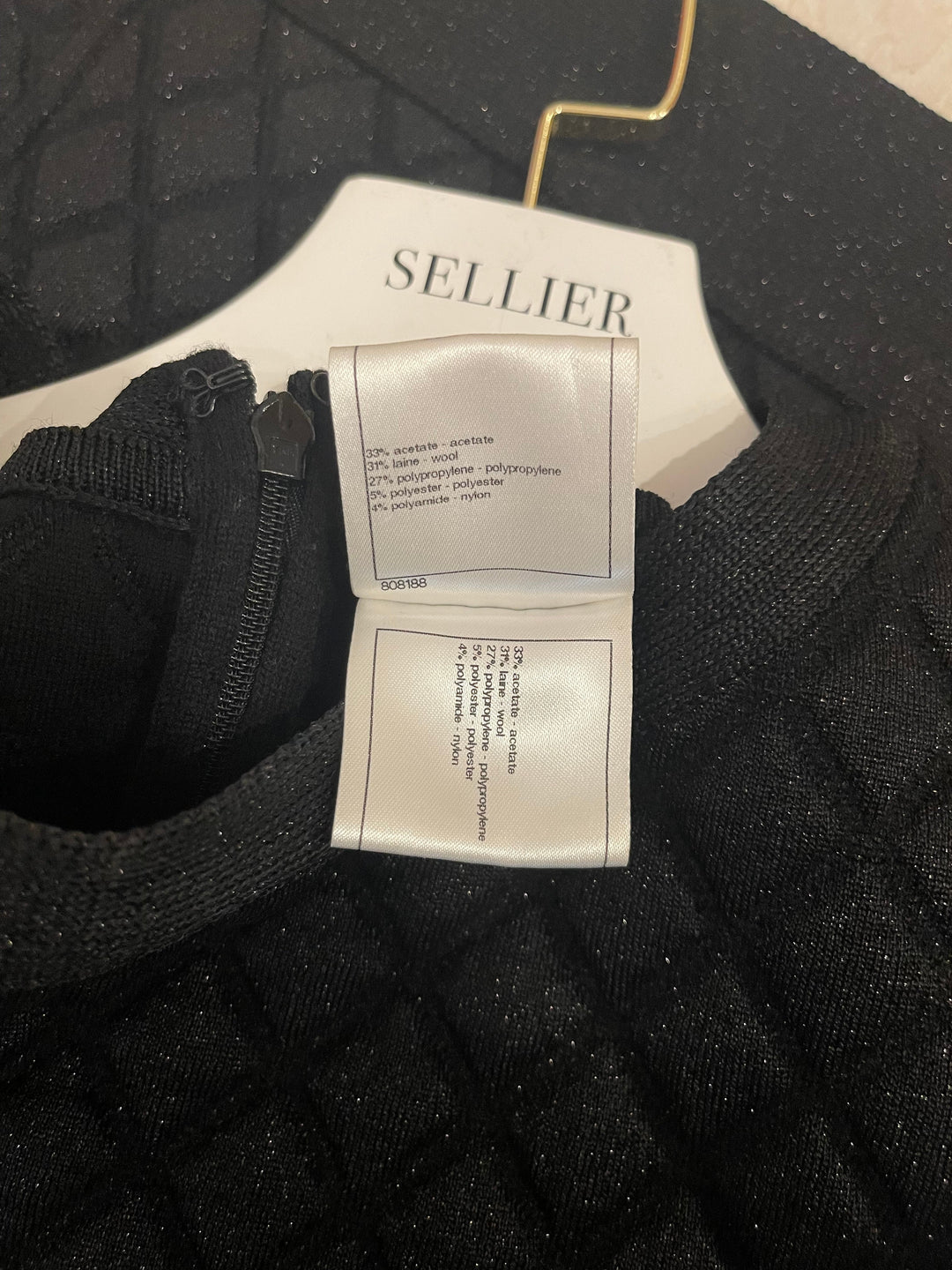 Top Quality Chanel Black Padded Shimmery Short Sleeve Bodycon Mini Dress with CC Logo Detail Size FR 40 (UK 12)