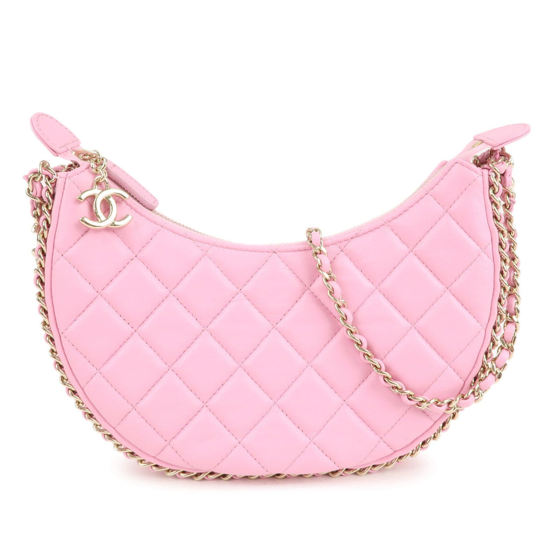 Auth CHANEL Matelasse Lamb Skin Small Hobo Shoulder Bag Pink AS3917 Used F/S