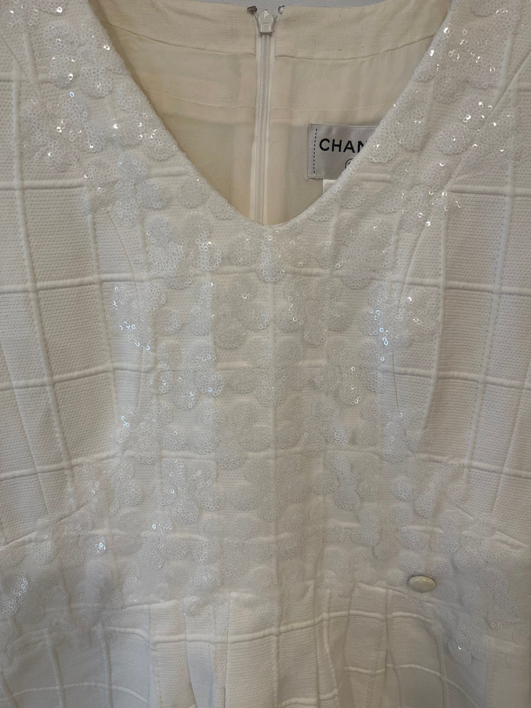 Top Quality Chanel White Mini Dress With Floral Sequin Detail Size FR 42 (UK 14)
