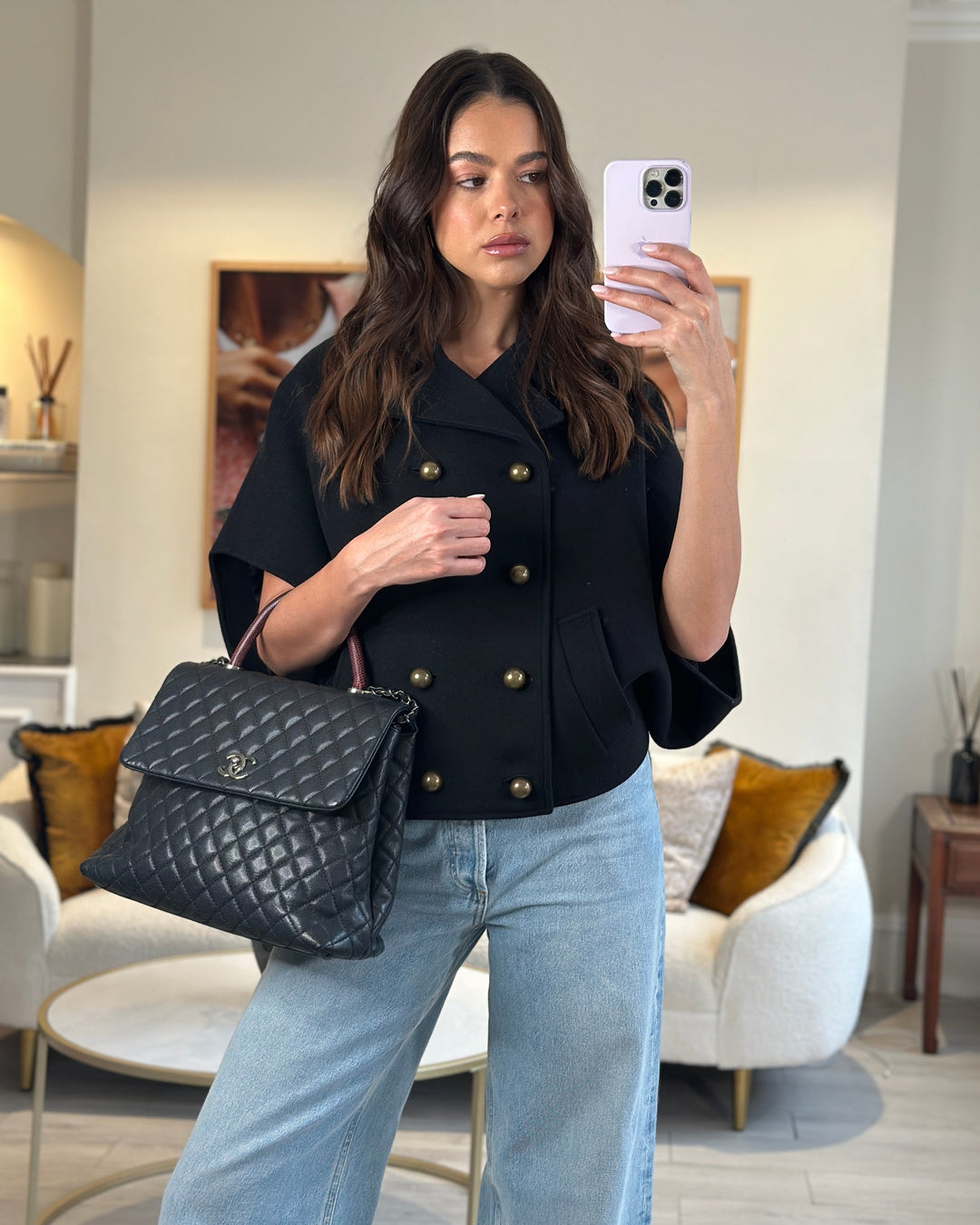Top Quality Chanel Dark Grey Large Coco Top Handle Bag in Caviar Leather with Burgundy Python Handle and Ruthenium Hardware