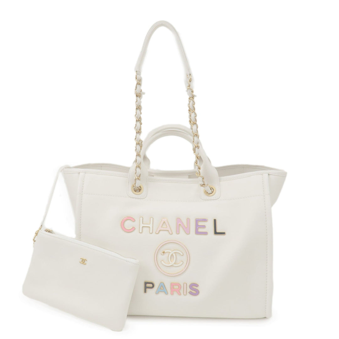 Top Quality Chanel Deauville Leather 2WAY Chain Tote Bag GM White A66941