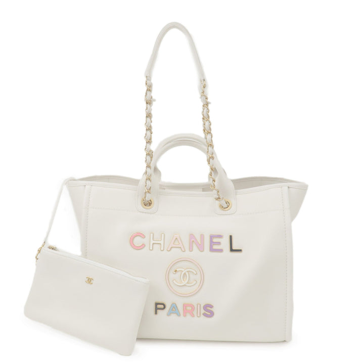 Top Quality Chanel Deauville Leather 2WAY Chain Tote Bag GM White A66941