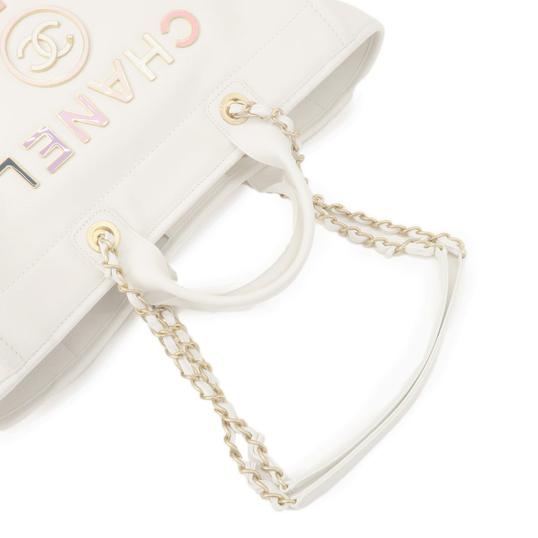 Top Quality Chanel Deauville Leather 2WAY Chain Tote Bag GM White A66941