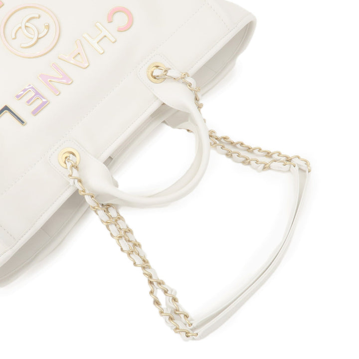 Top Quality Chanel Deauville Leather 2WAY Chain Tote Bag GM White A66941