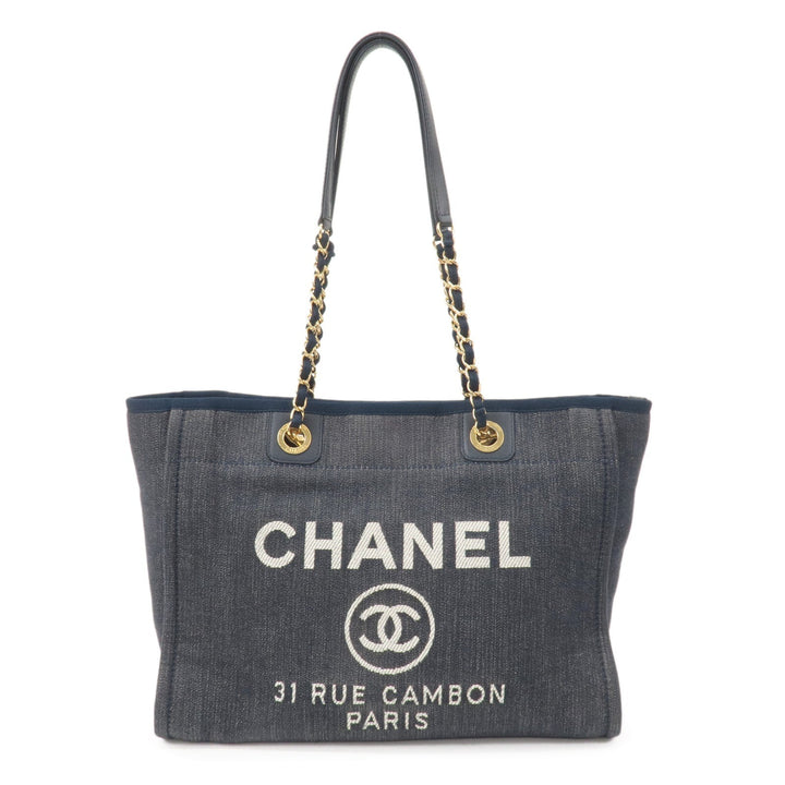 Top Quality Chanel Deauville MM Denim Leather Chain Tote Bag Navy A67001