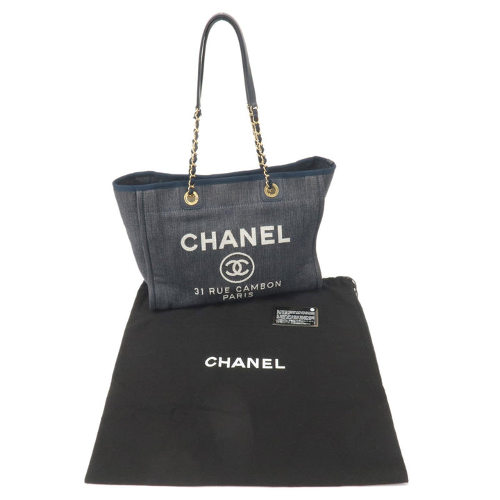 Top Quality Chanel Deauville MM Denim Leather Chain Tote Bag Navy A67001