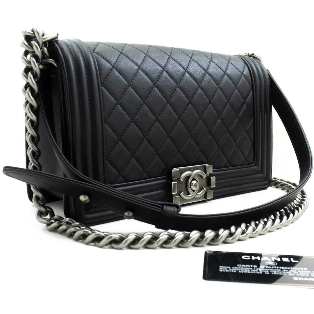 Chanel Boy Chain Shoulder Bag Black Quilted New Calfskin Leather